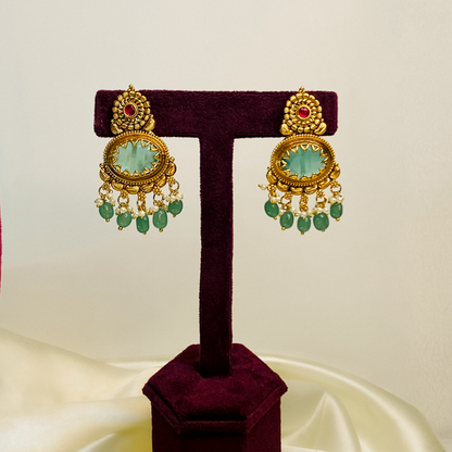 Green Stone Traditional Necklace Set with Drop Earrings