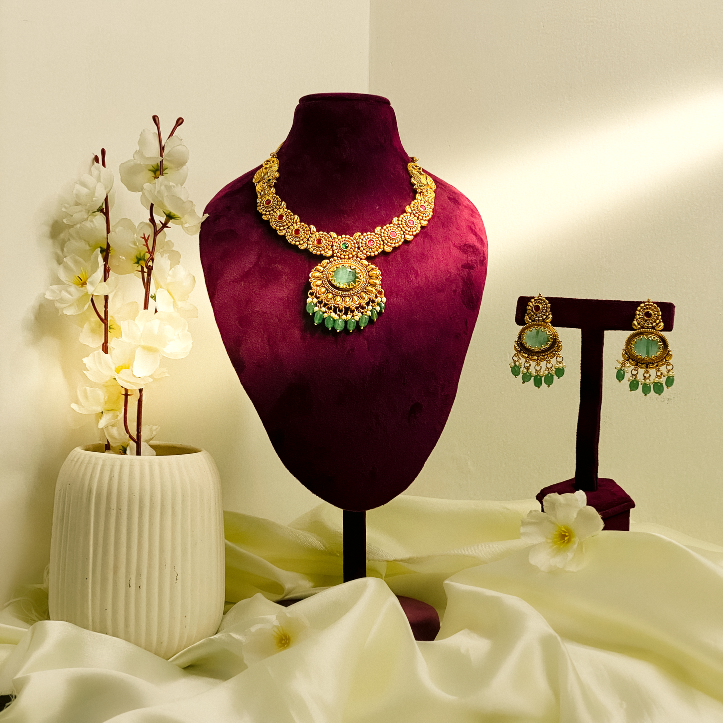 Green Stone Traditional Necklace Set with Drop Earrings