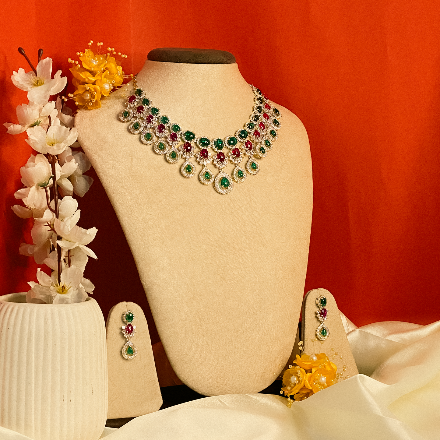 Emerald Green & Ruby Red Rhodium Necklace Set