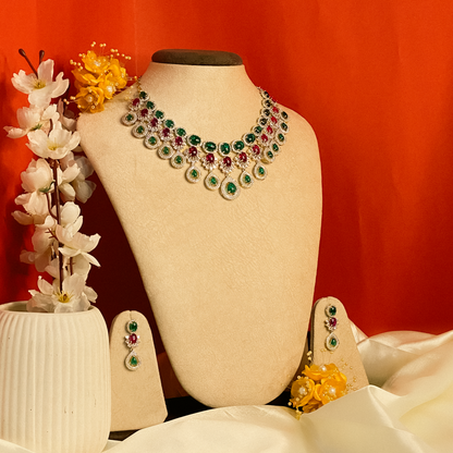 Emerald Green & Ruby Red Rhodium Necklace Set