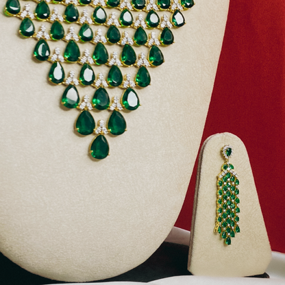 Green Pear Stone Long Necklace Set with Drop Earrings