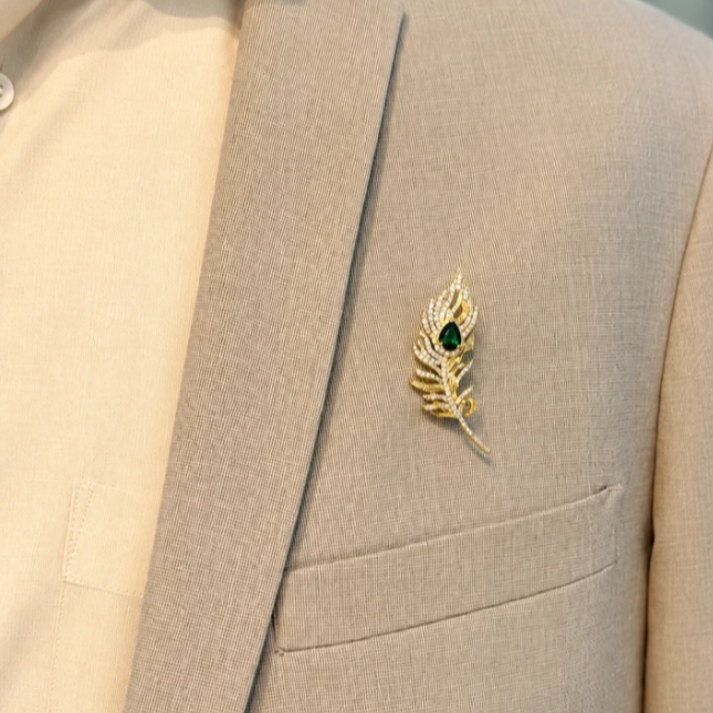 Celestial Feather Emerald Brooch for Men