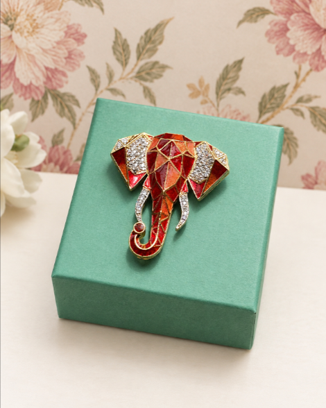Meenakari Elephant Brooch in Amber Orange