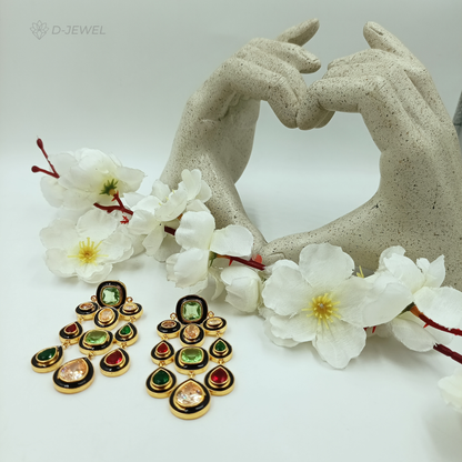 Navratna Multicolour Festive Gold Drop Earrings
