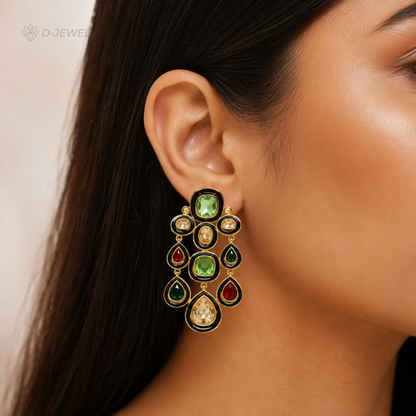 Navratna Multicolour Festive Gold Drop Earrings