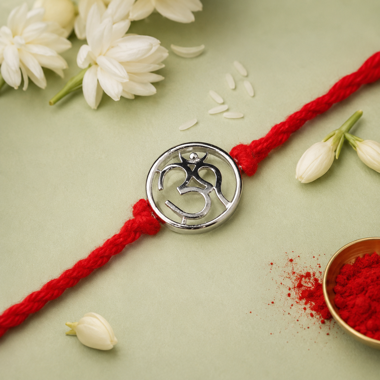 Om Handcrafted 92.5 Silver Rakhi with Red Thread
