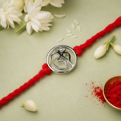 Om Handcrafted 92.5 Silver Rakhi with Red Thread