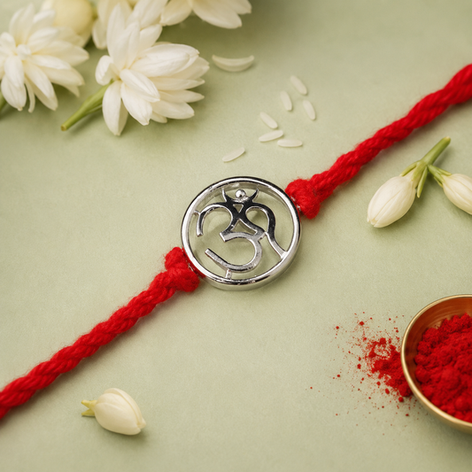 Om Handcrafted 92.5 Silver Rakhi with Red Thread