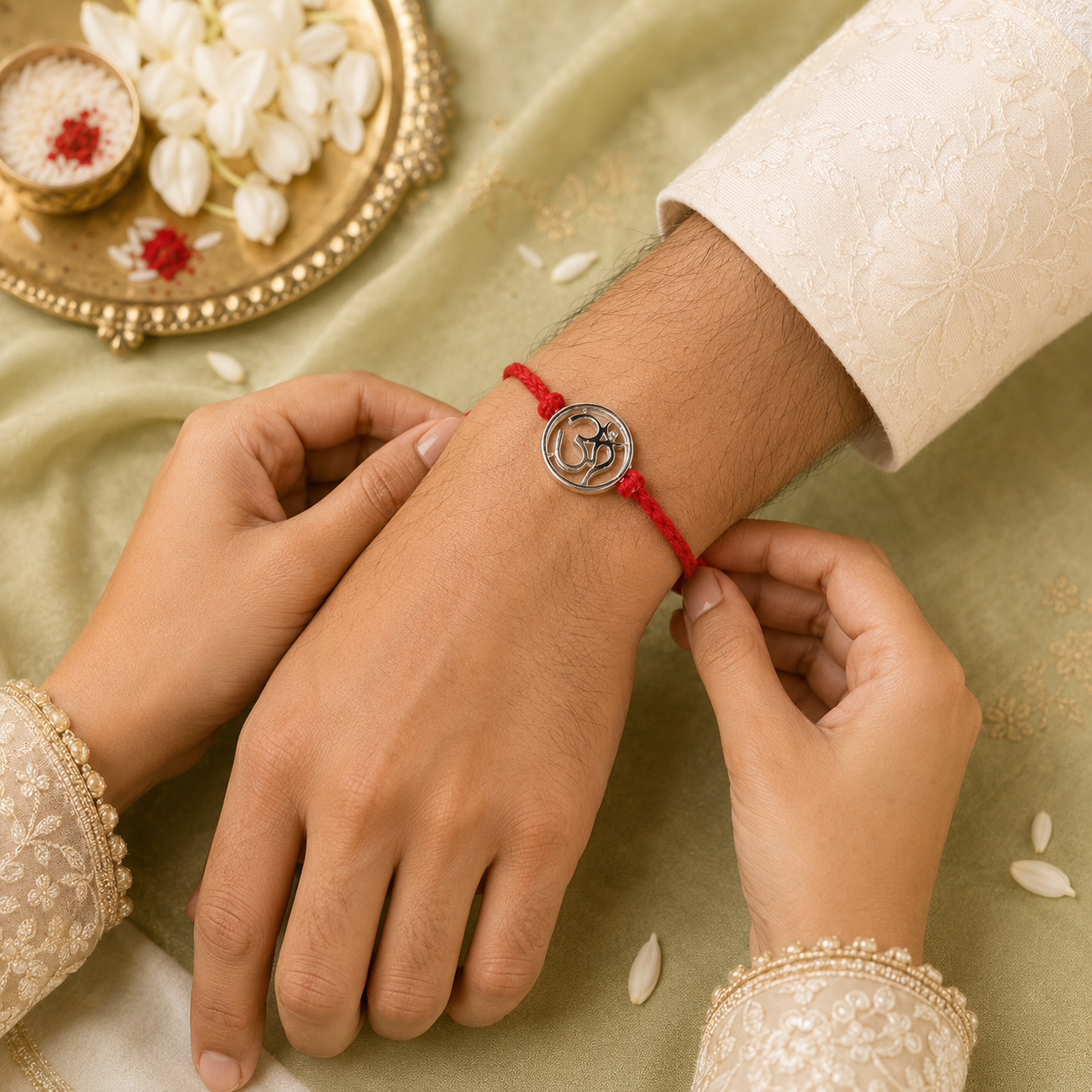 Om Handcrafted 92.5 Silver Rakhi with Red Thread