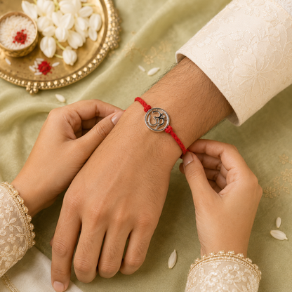 Om Handcrafted 92.5 Silver Rakhi with Red Thread