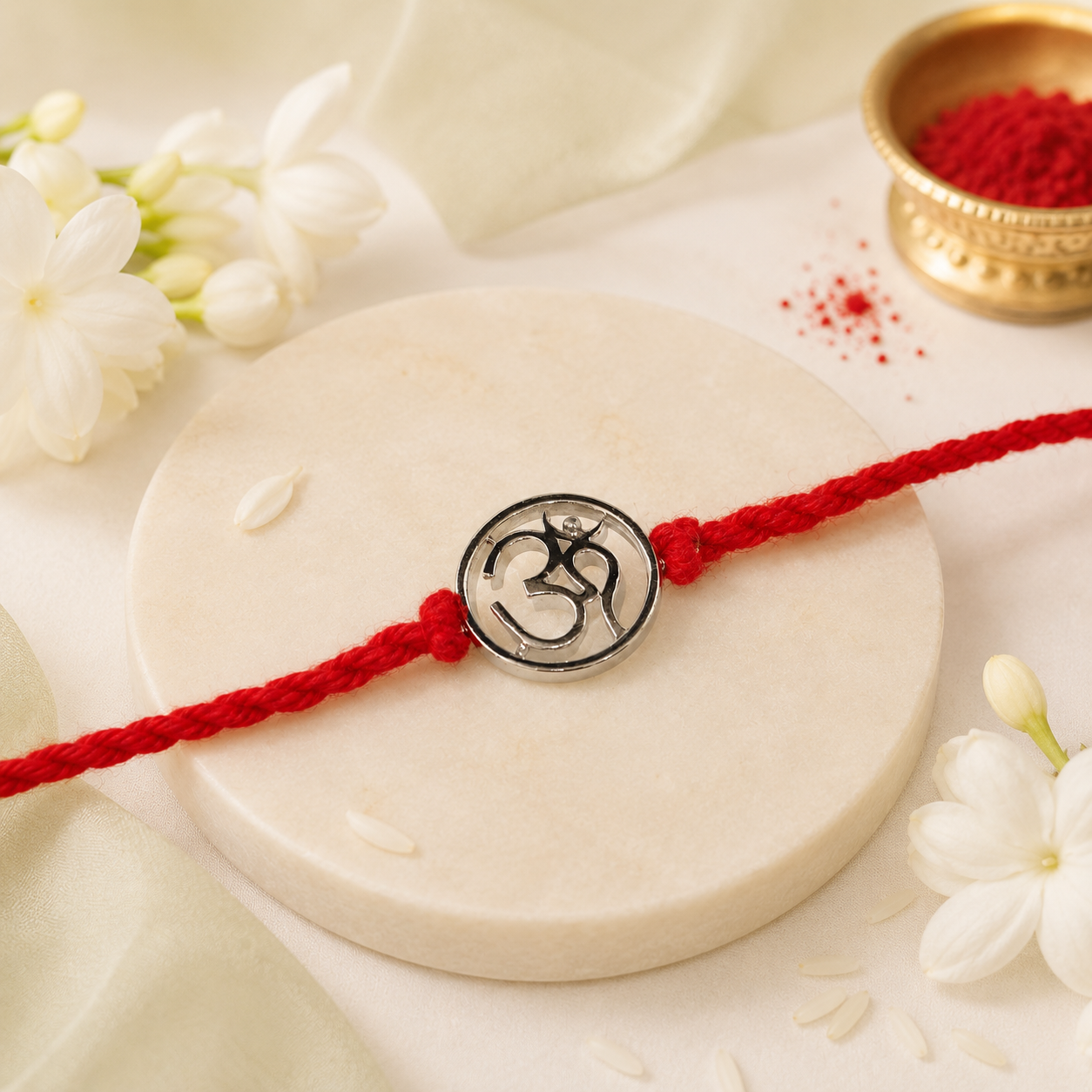 Om Handcrafted 92.5 Silver Rakhi with Red Thread