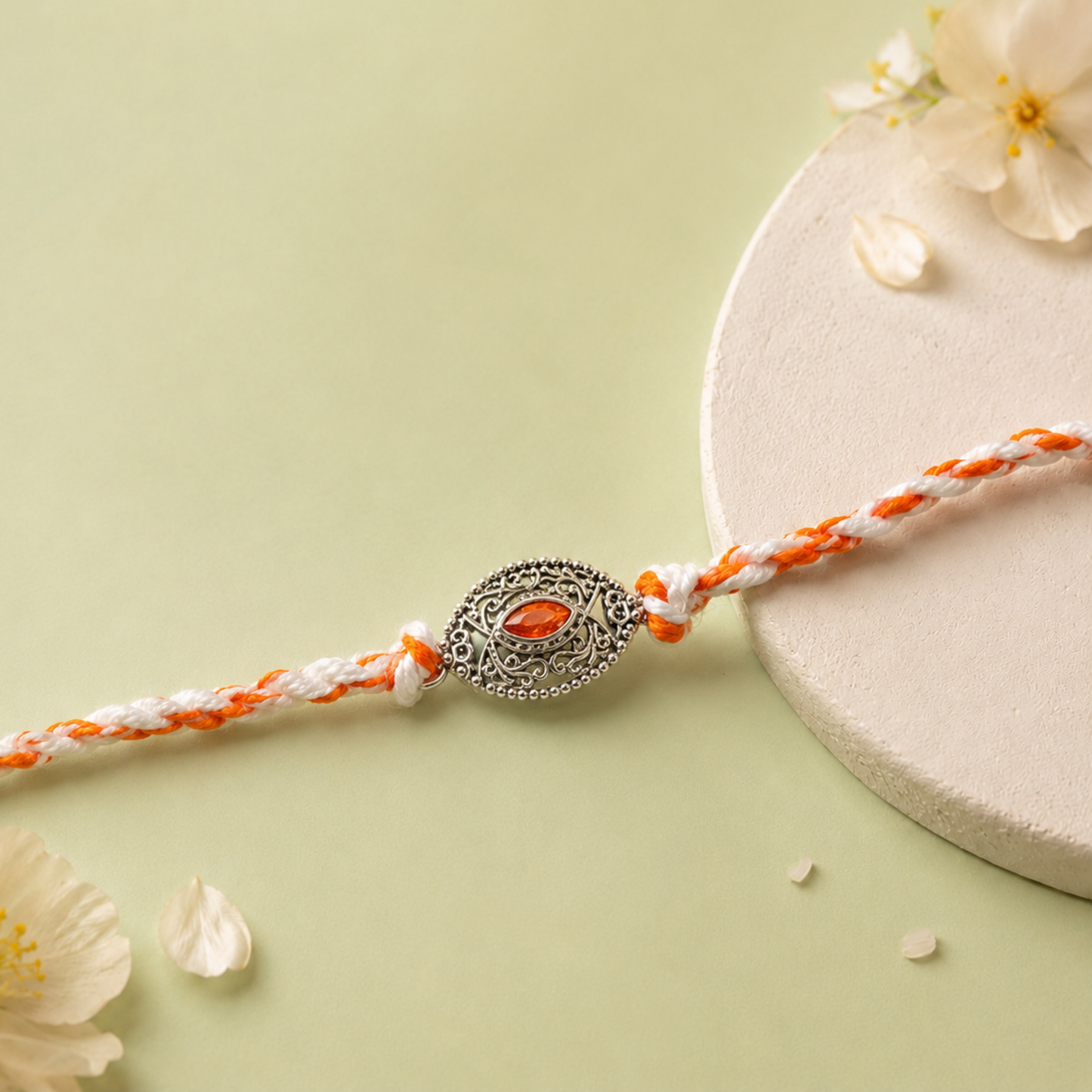 Antique Handcrafted 92.5 Ornate Silver Rakhi with Orange Stone and Orange White Thread