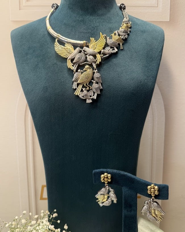 Oxidised Dual-Tone Bird Hasli Necklace Set