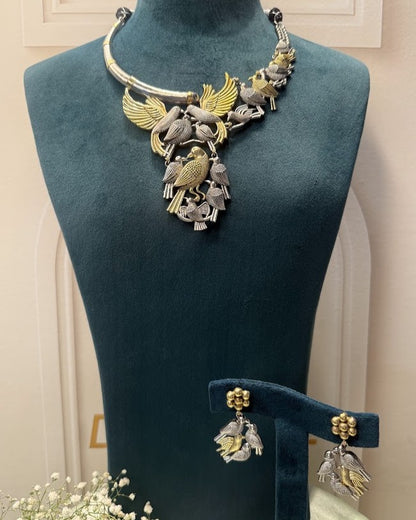 Oxidised Dual-Tone Bird Hasli Necklace Set