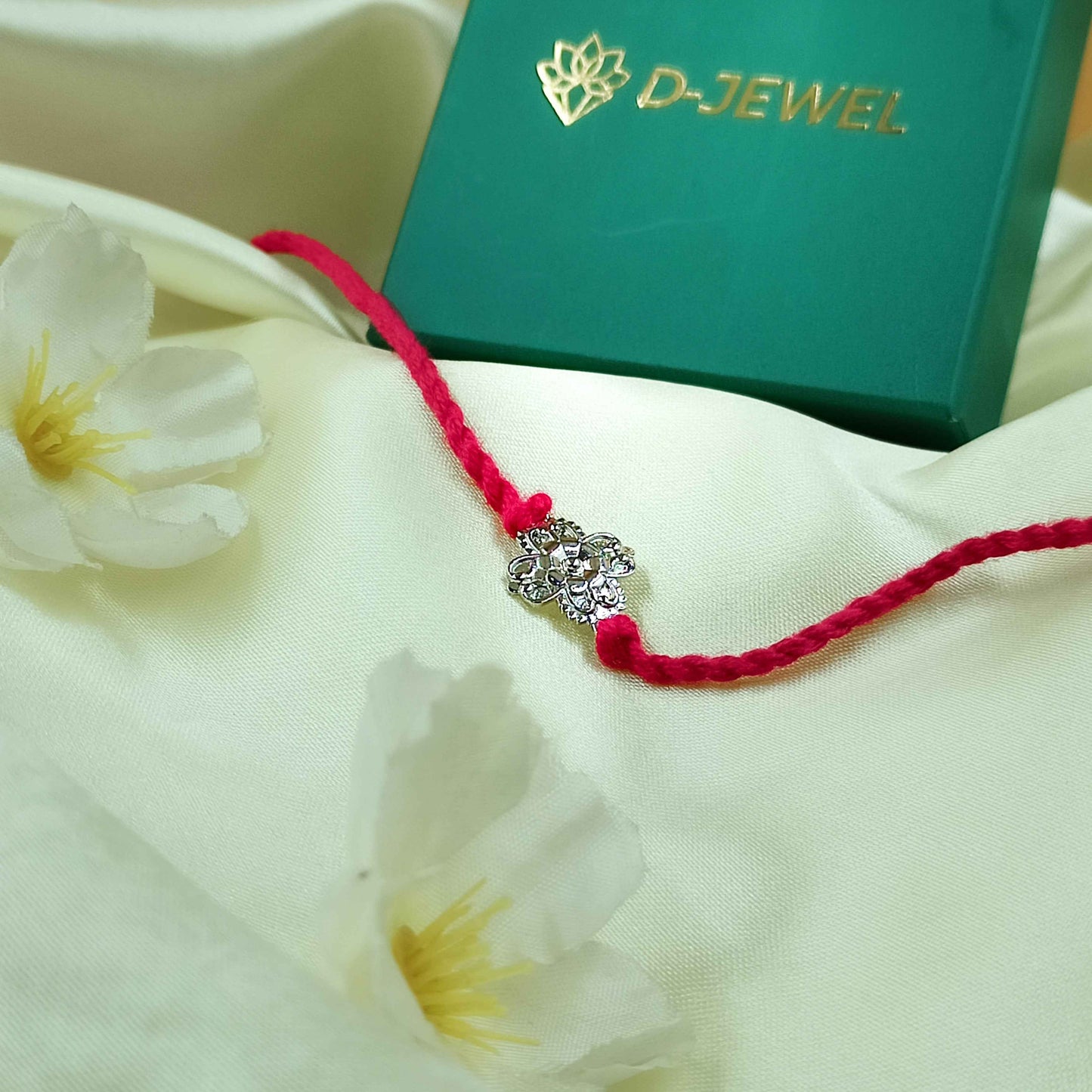 Floral Handcrafted 92.5 Silver Rakhi with Red Thread