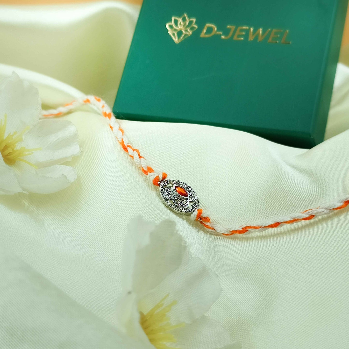 Antique Handcrafted 92.5 Silver Rakhi with Orange Stone