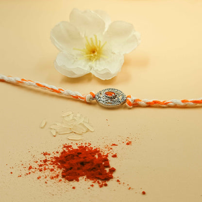 Antique Handcrafted 92.5 Silver Rakhi with Orange Stone