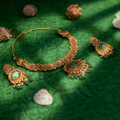 Green Stone Traditional Necklace Set with Drop Earrings
