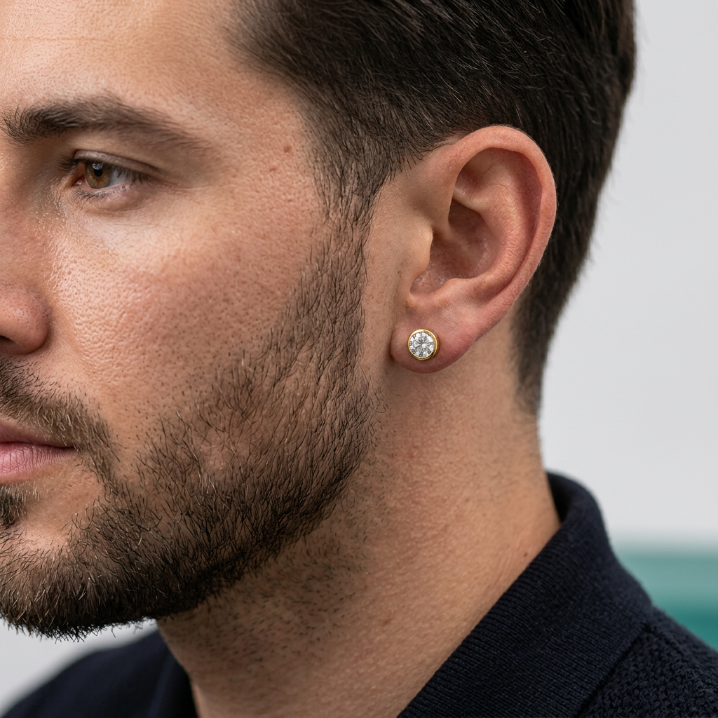 Men’s Round Crystal Stud Earrings, 22KT Gold Plated
