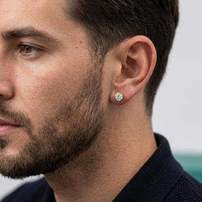 Men’s Round Crystal Stud Earrings, 22KT Gold Plated