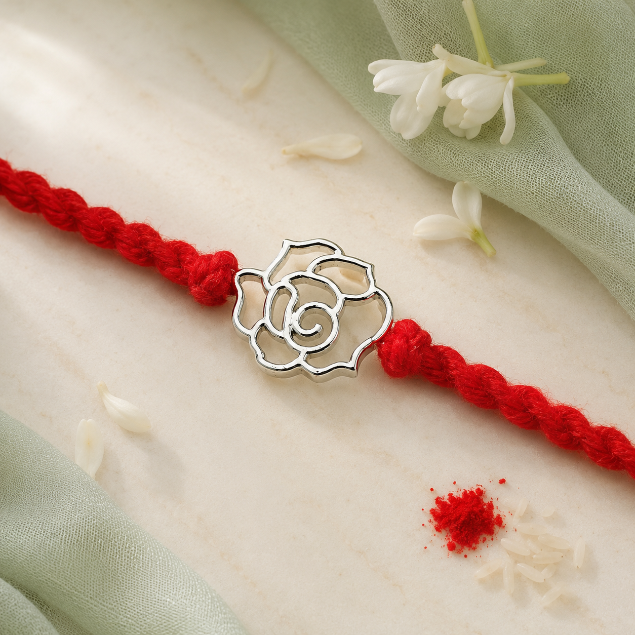 Rose Handcrafted 92.5 Silver Rakhi with Red Thread