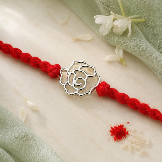 Rose Handcrafted 92.5 Silver Rakhi with Red Thread