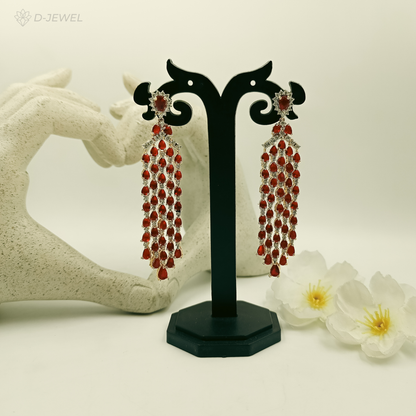 Ruby Red Cascade Statement Earrings Gold Plated Glam Pair