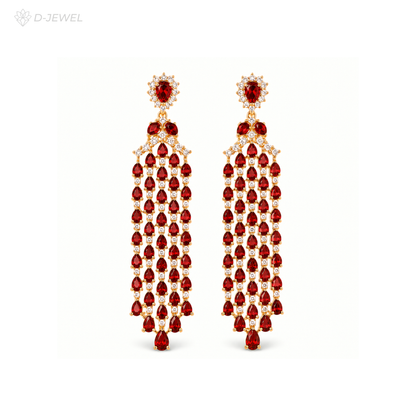 Ruby Red Cascade Statement Earrings Gold Plated Glam Pair