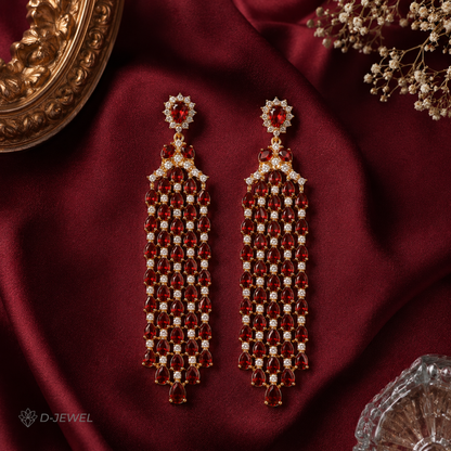 Ruby Red Cascade Statement Earrings Gold Plated Glam Pair