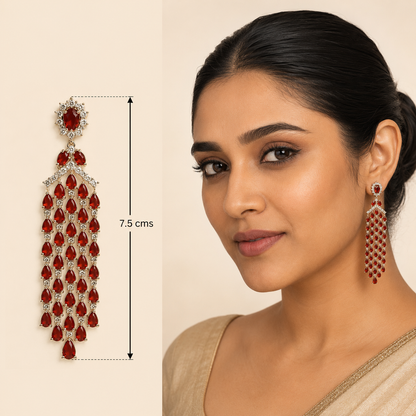 Ruby Red Cascade Statement Earrings Gold Plated Glam Pair