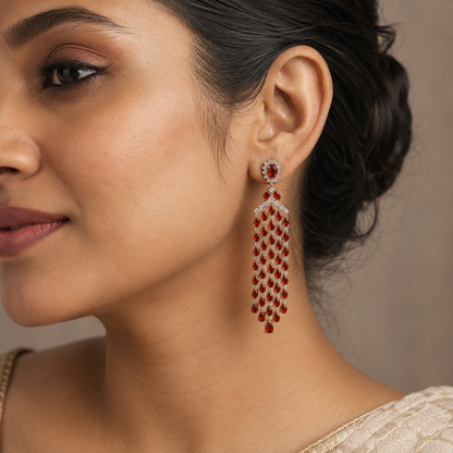 Ruby Red Cascade Statement Earrings Gold Plated Glam Pair