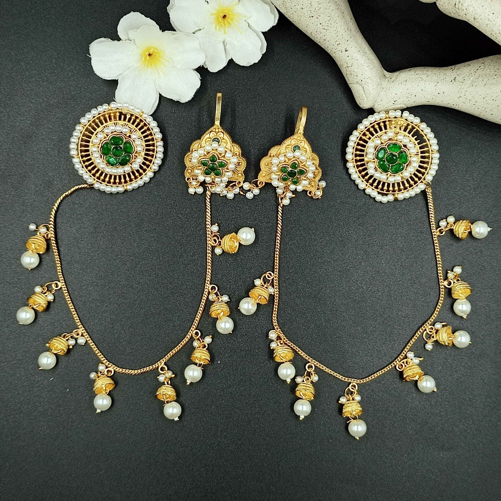 Traditional 22KT Gold Plated Green Pearl Taana Earrings