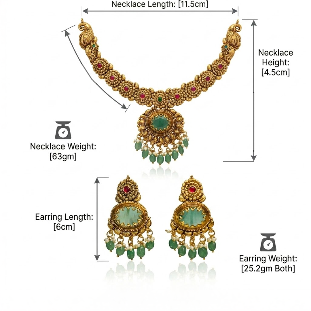 Green Stone Traditional Necklace Set with Drop Earrings