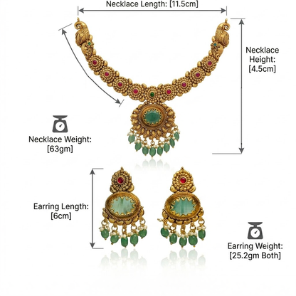 Green Stone Traditional Necklace Set with Drop Earrings