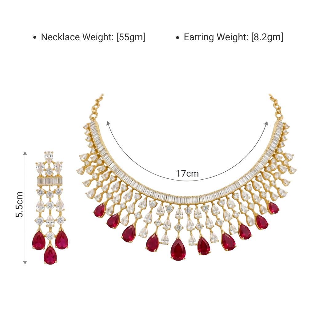 Red & White Chandelier Necklace Set with Drop Earrings