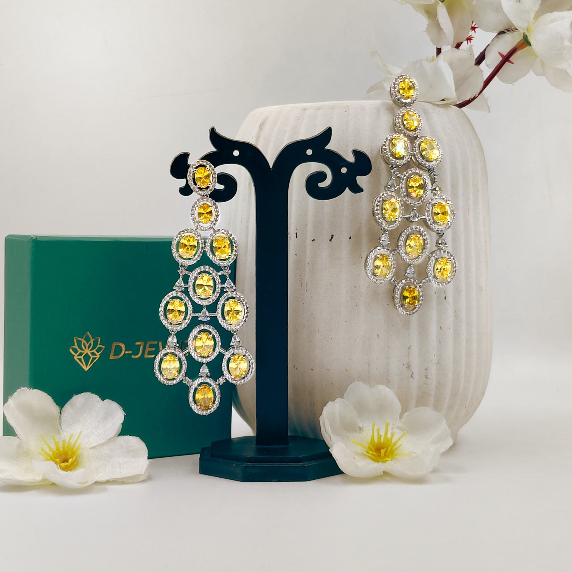 Yellow Crystal Chandelier Cocktail Earrings Silver Tone