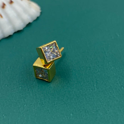 Men’s Square Crystal Stud Earrings, 22KT Gold Plated