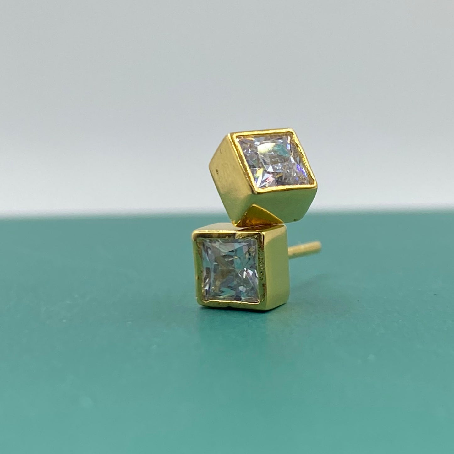 Men’s Square Crystal Stud Earrings, 22KT Gold Plated