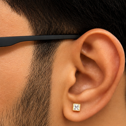 Men’s Square Crystal Stud Earrings, 22KT Gold Plated