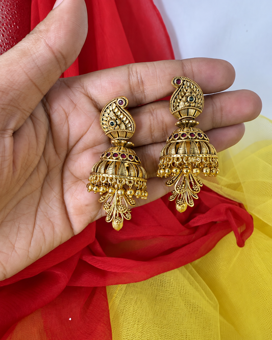 Mango Motif Leaf Tassel Temple Jhumka Earrings